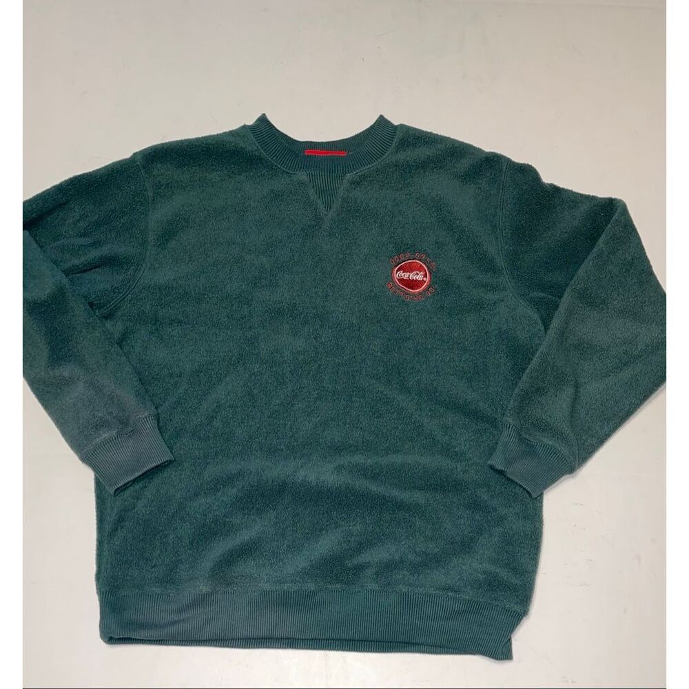 Vintage Y2K Coca Cola Green Red Embroidered Fleece Crew Neck Sweatshirt Sz Small